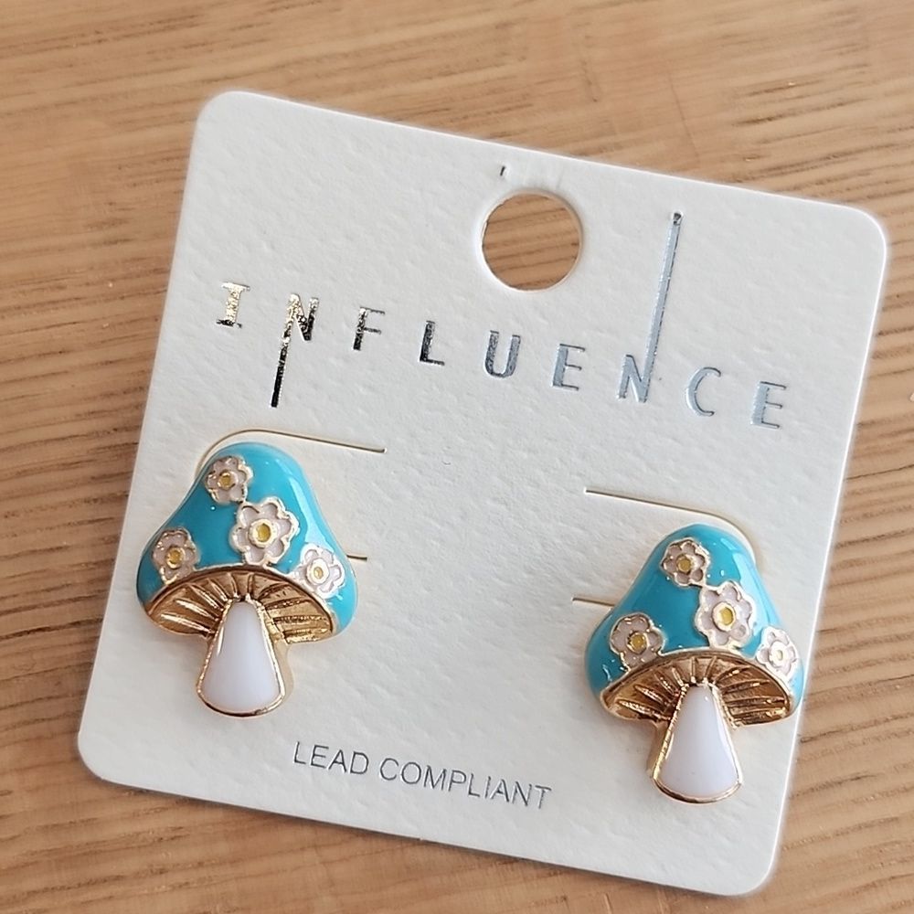 Turquiose Blue and Gold Enamel Mushroom Post Earrings